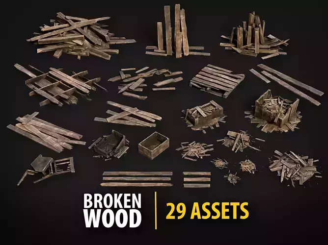 Broken Wood Debris Pack - 29 Assets PBR Game Ready Low-poly 3D model