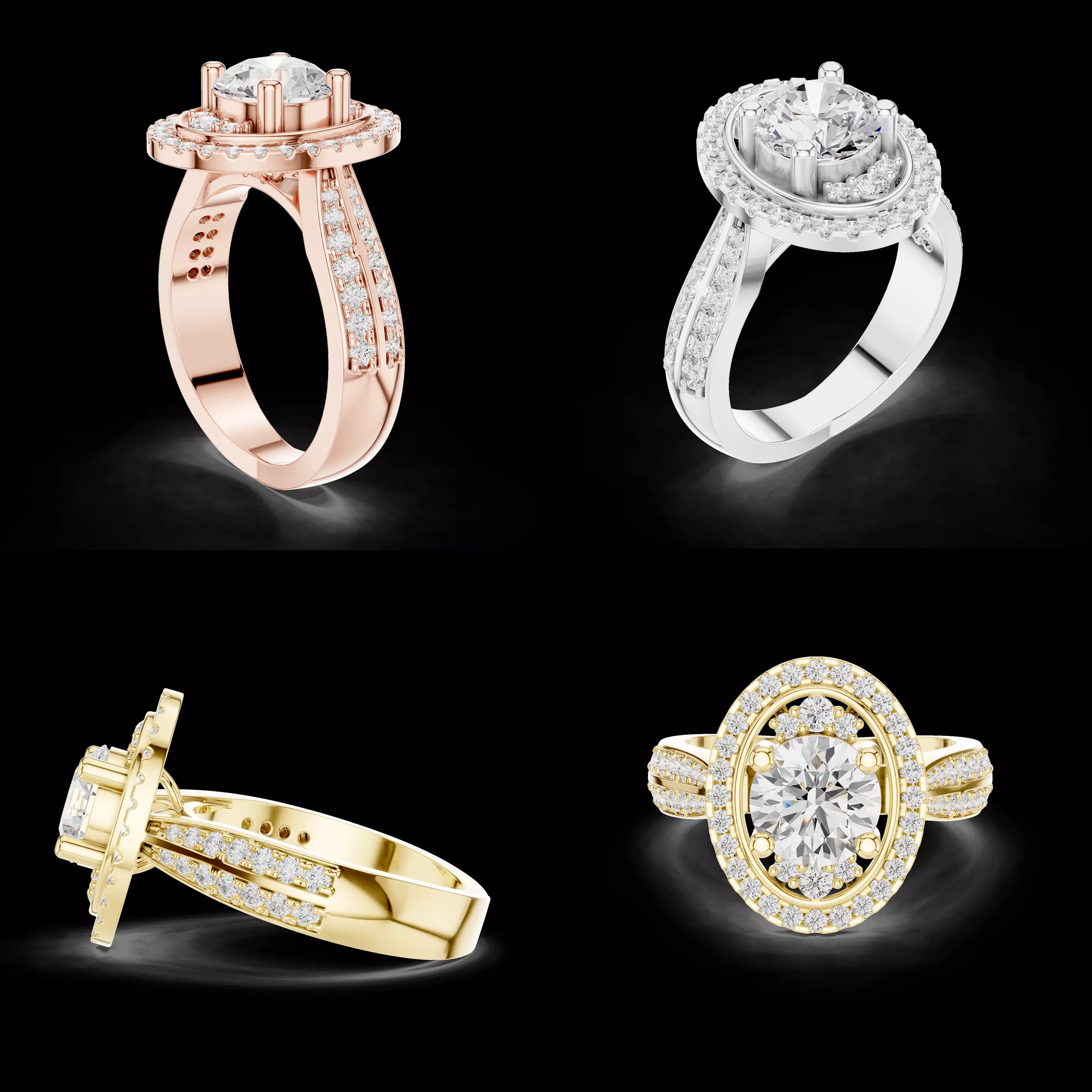 Oval Halo Split Shank Engagement Ring 3D Printable CAD Model HD 3D print model