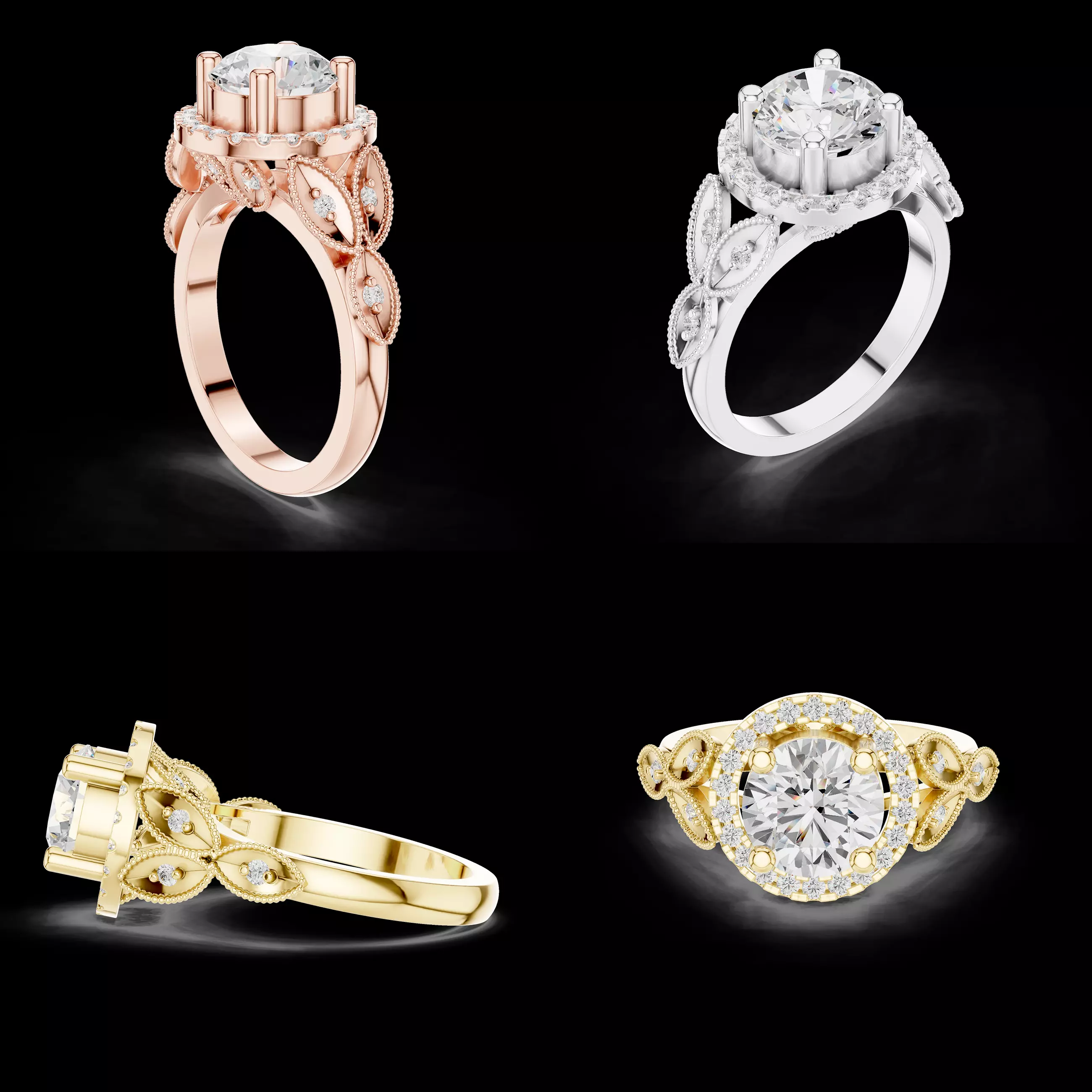 Vintage Leaf Halo Engagement Ring 3D Printable CAD Model Pro HD 3D print model