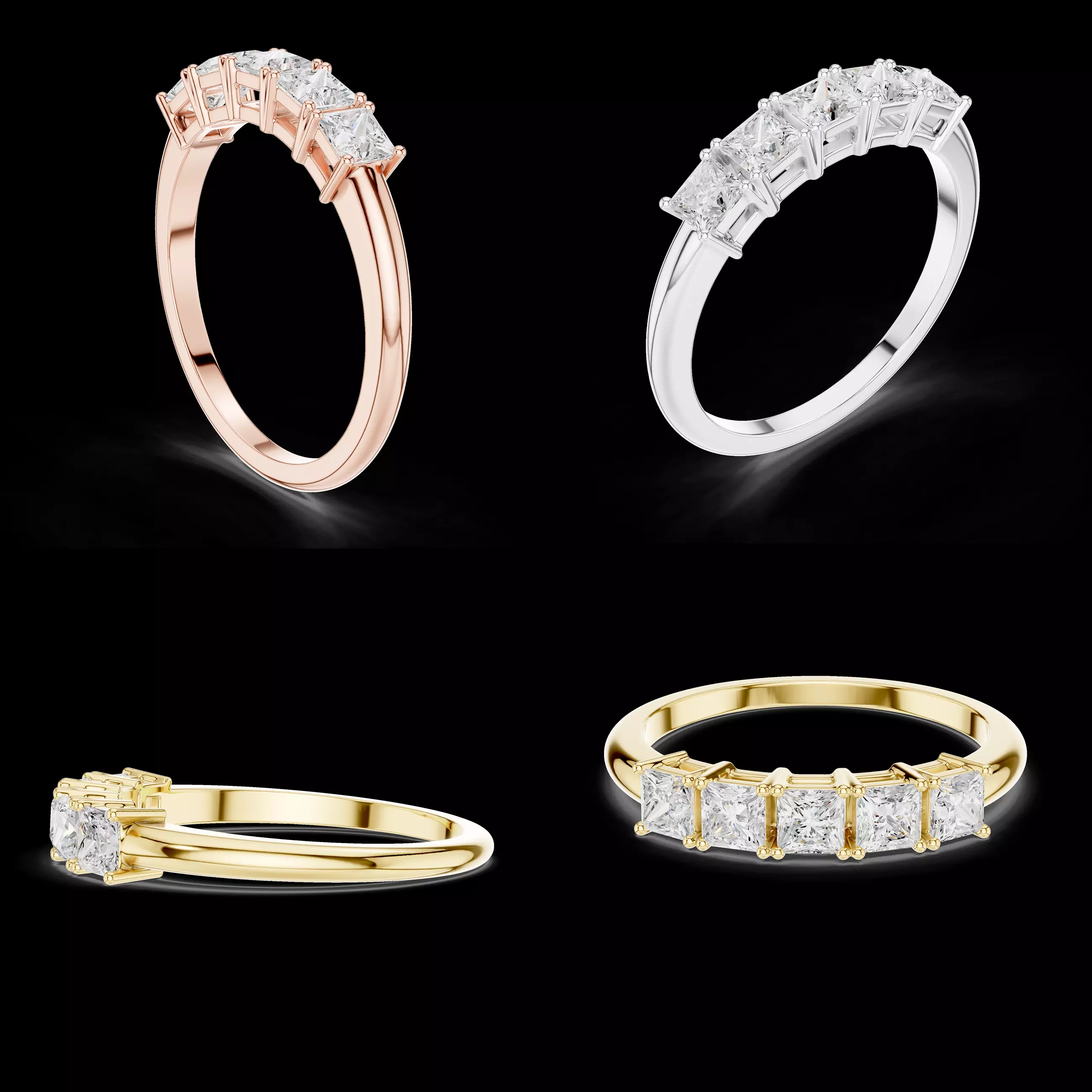 Princess Cut Five Stone Engagement Ring 3D STL 3DM CAD Model Set 3D print model