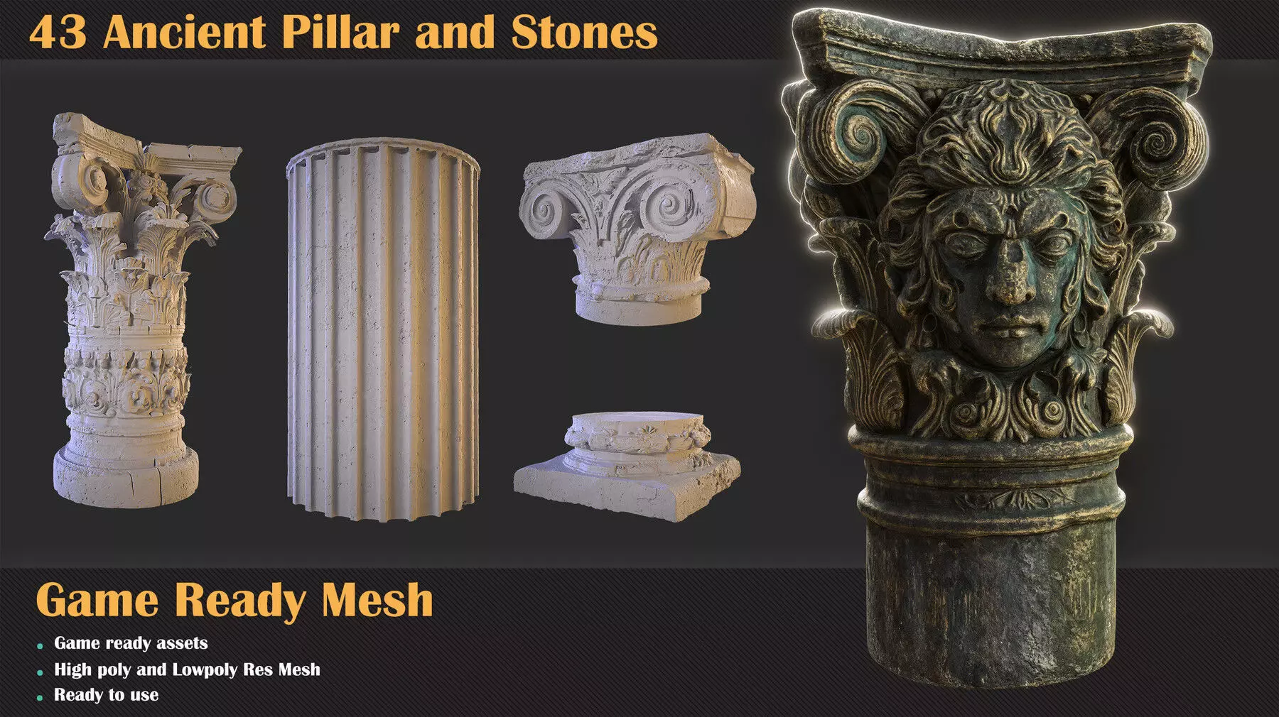 43 Ancient Pillar and Stones Low-poly 3D model