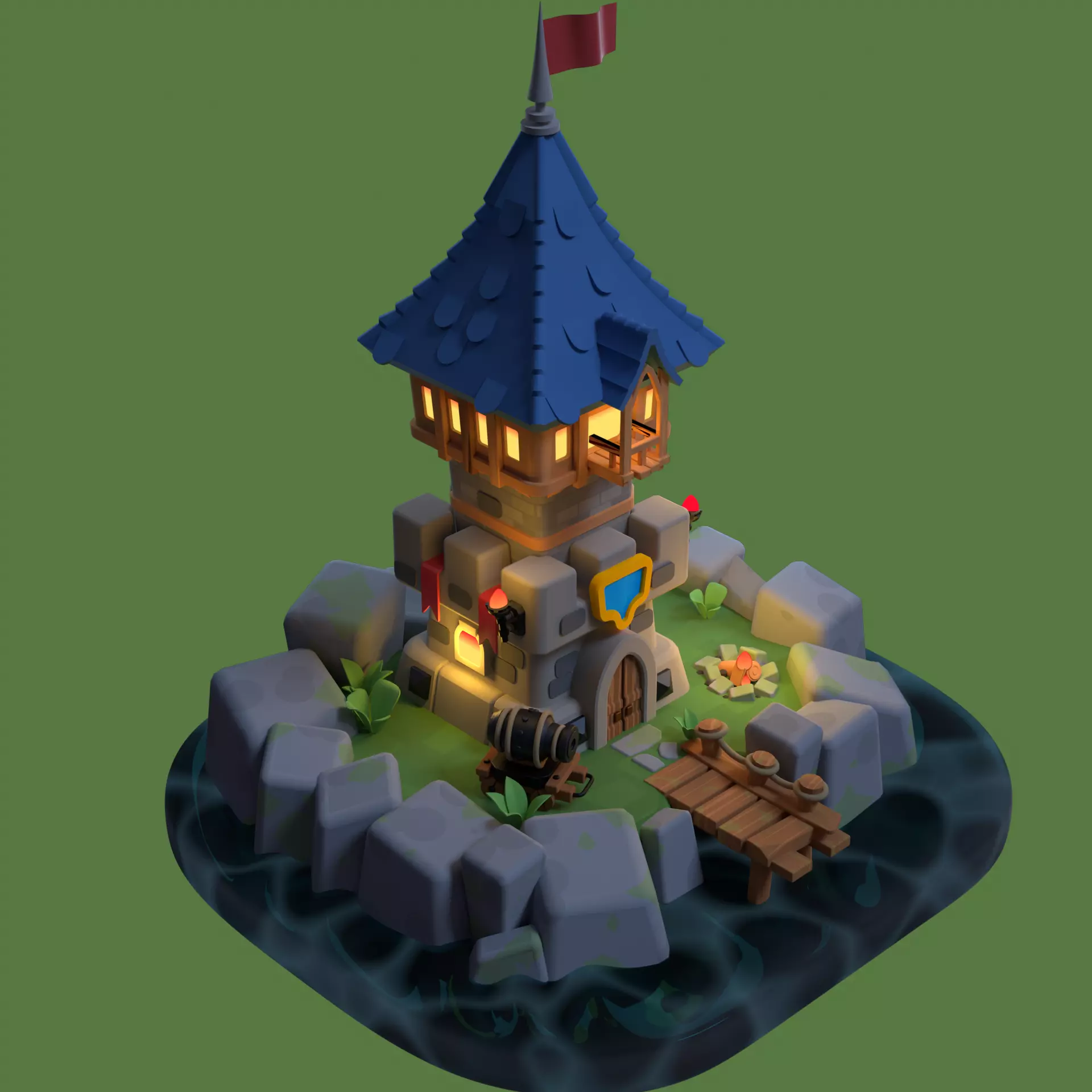 Stylized Fantasy Tower on Island Low-poly 3D model