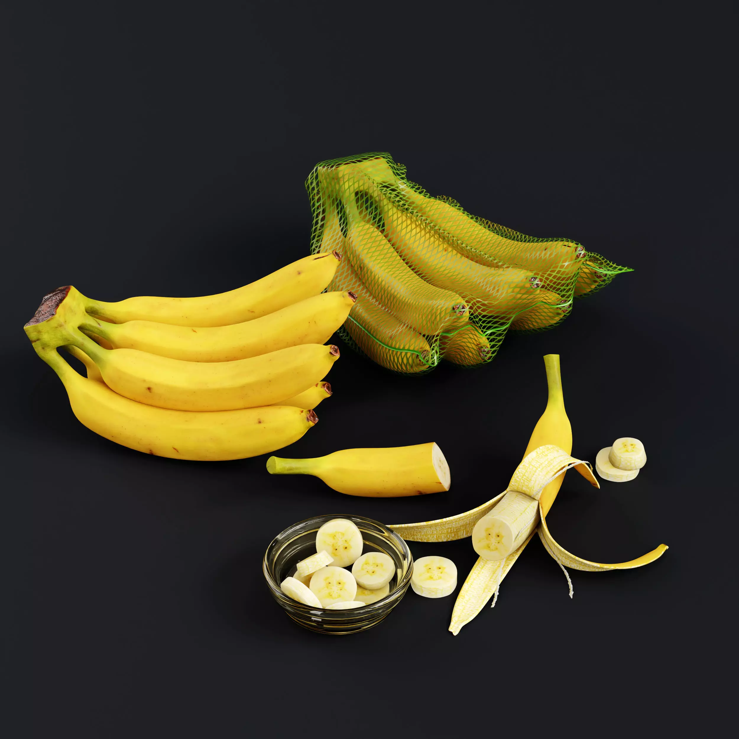 Realistic Banana Set with Peeled Slices 3D Model Low-poly 3D model