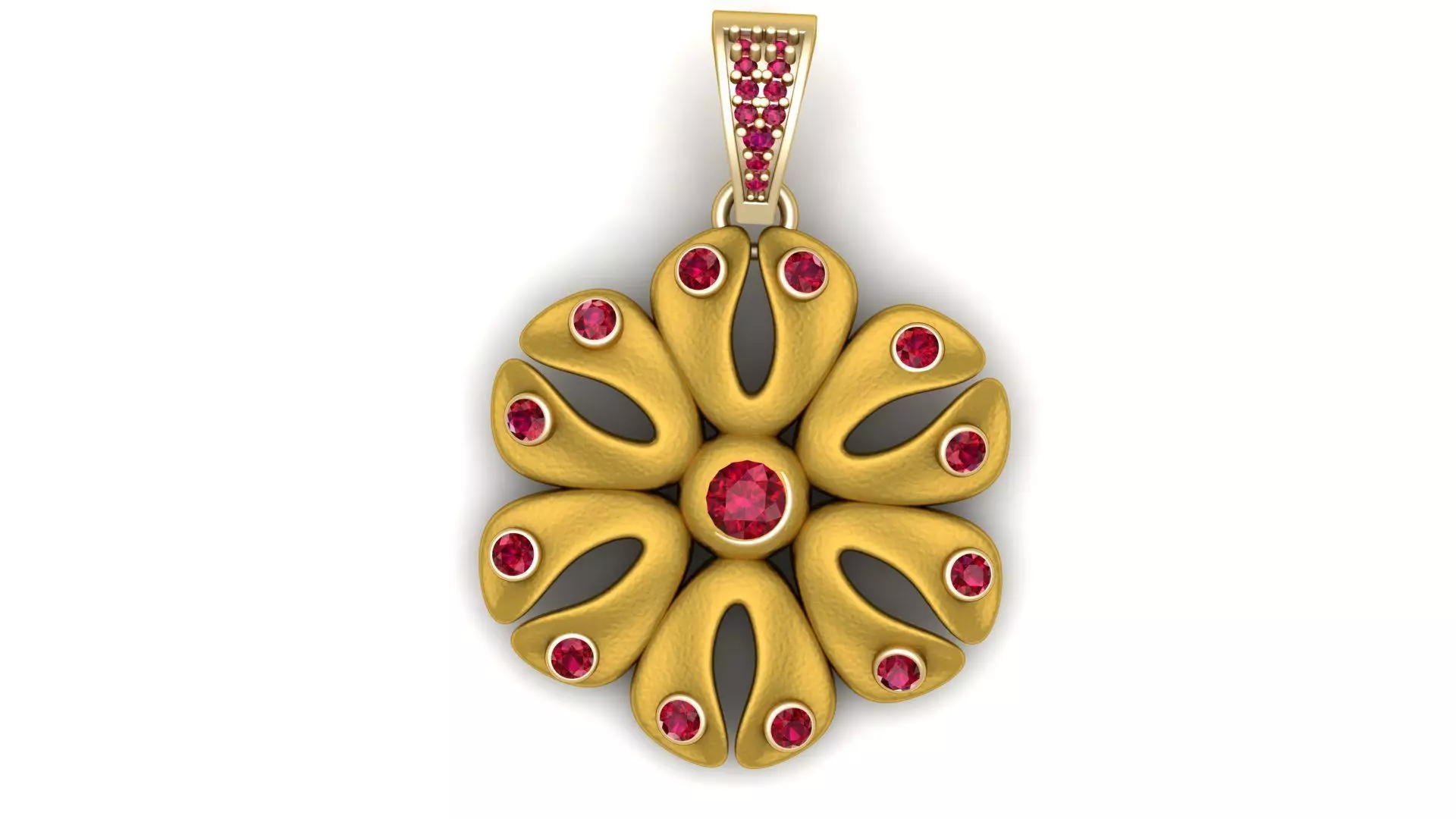 Gold Flower Pendant with Ruby Gemstones 3D print model