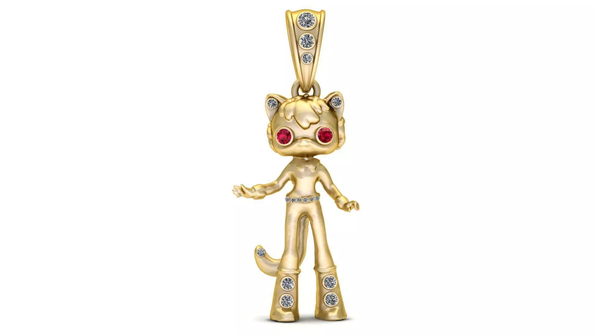 Golden Cat Doll Pendant with Ruby Eyes and Diamond-Studded Outfi 3D print model
