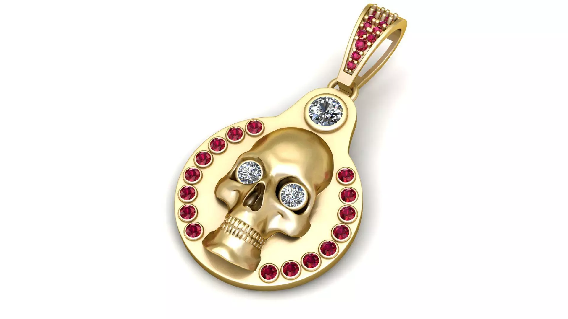 Golden Skull Pendant with Ruby Eyes and Diamond Accents 3D print model
