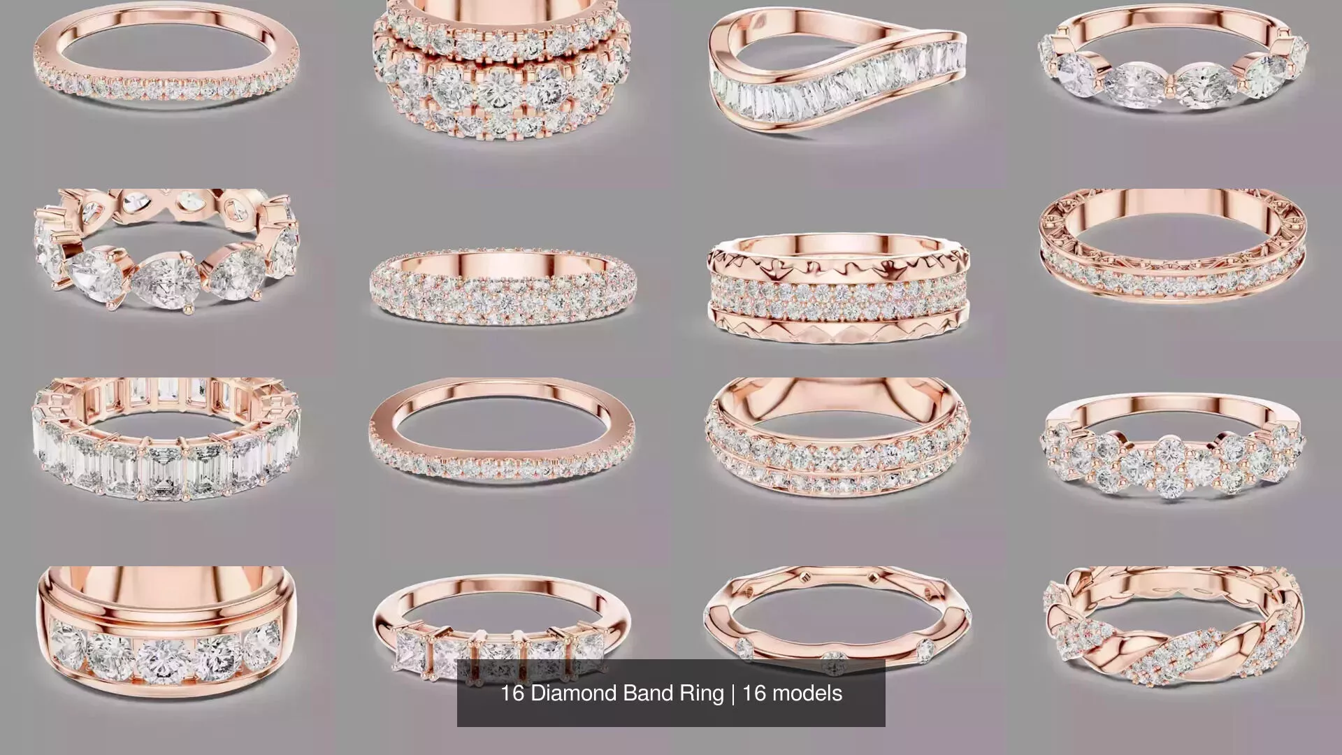 16 Diamond Band Ring 3D Model Pack 3D printable | CGTrader