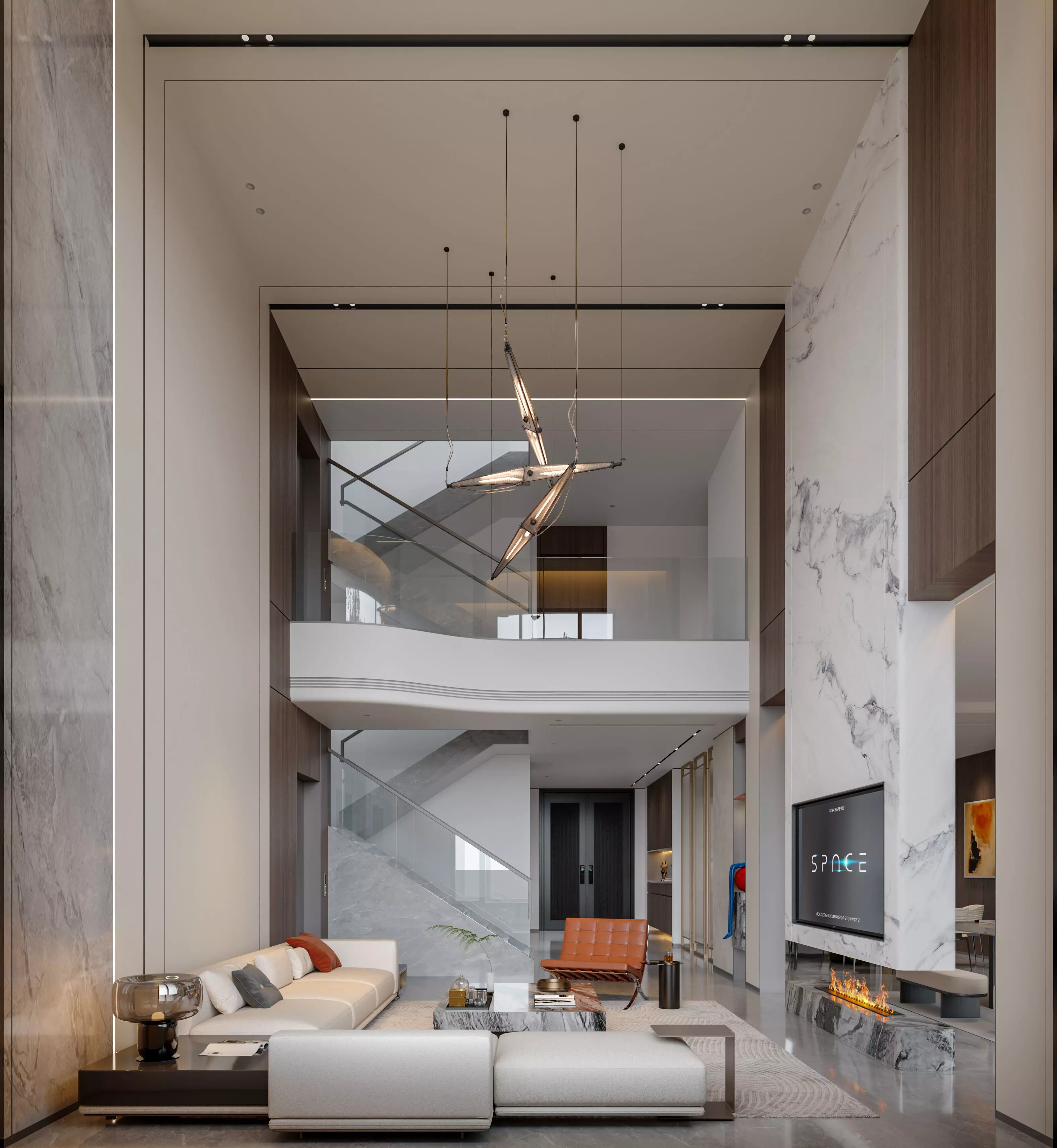 Modern villa living room dining room and kitchen interior 3D model