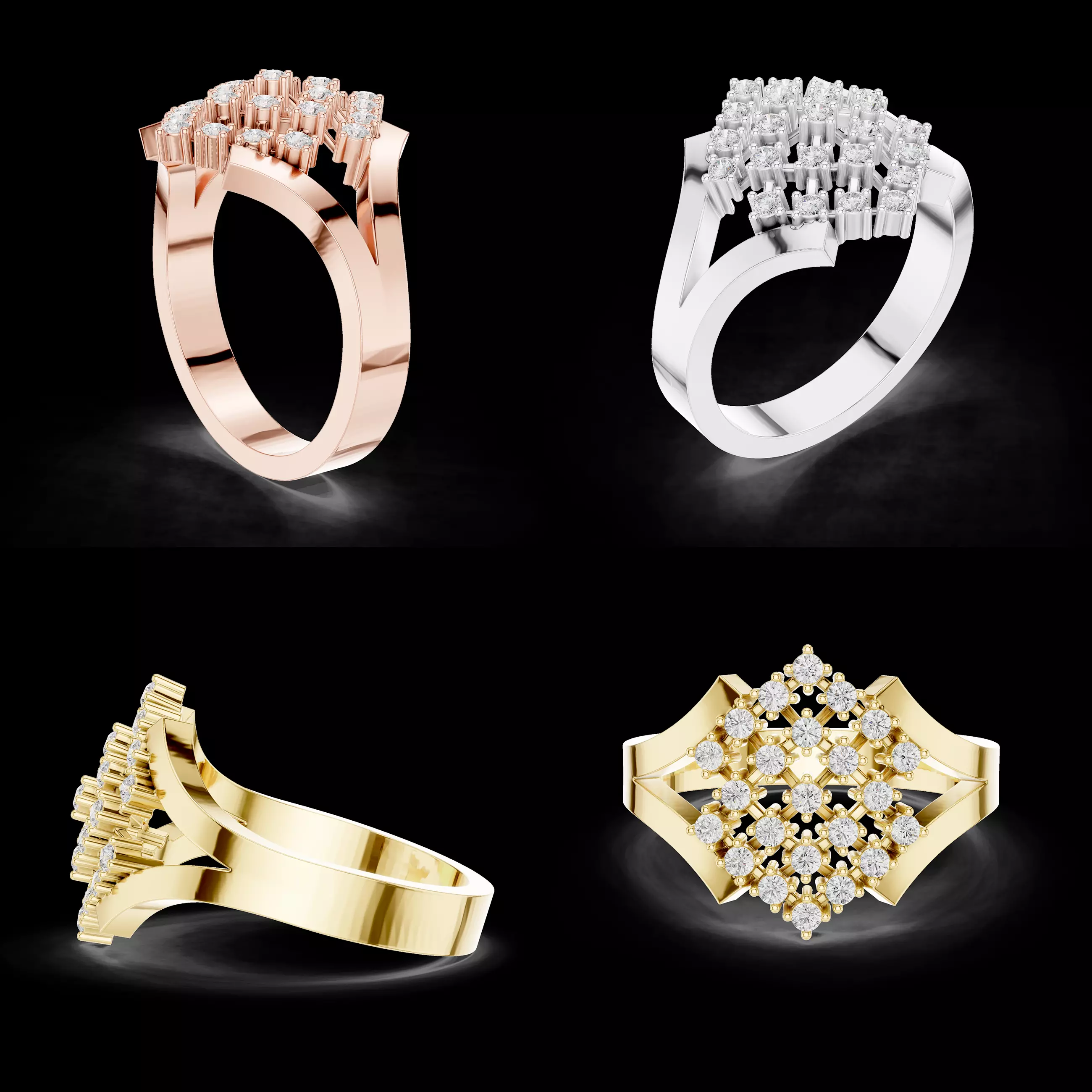 Diamond Cluster Geometric Ring CAD Design for Luxury Jewelry 3D print model