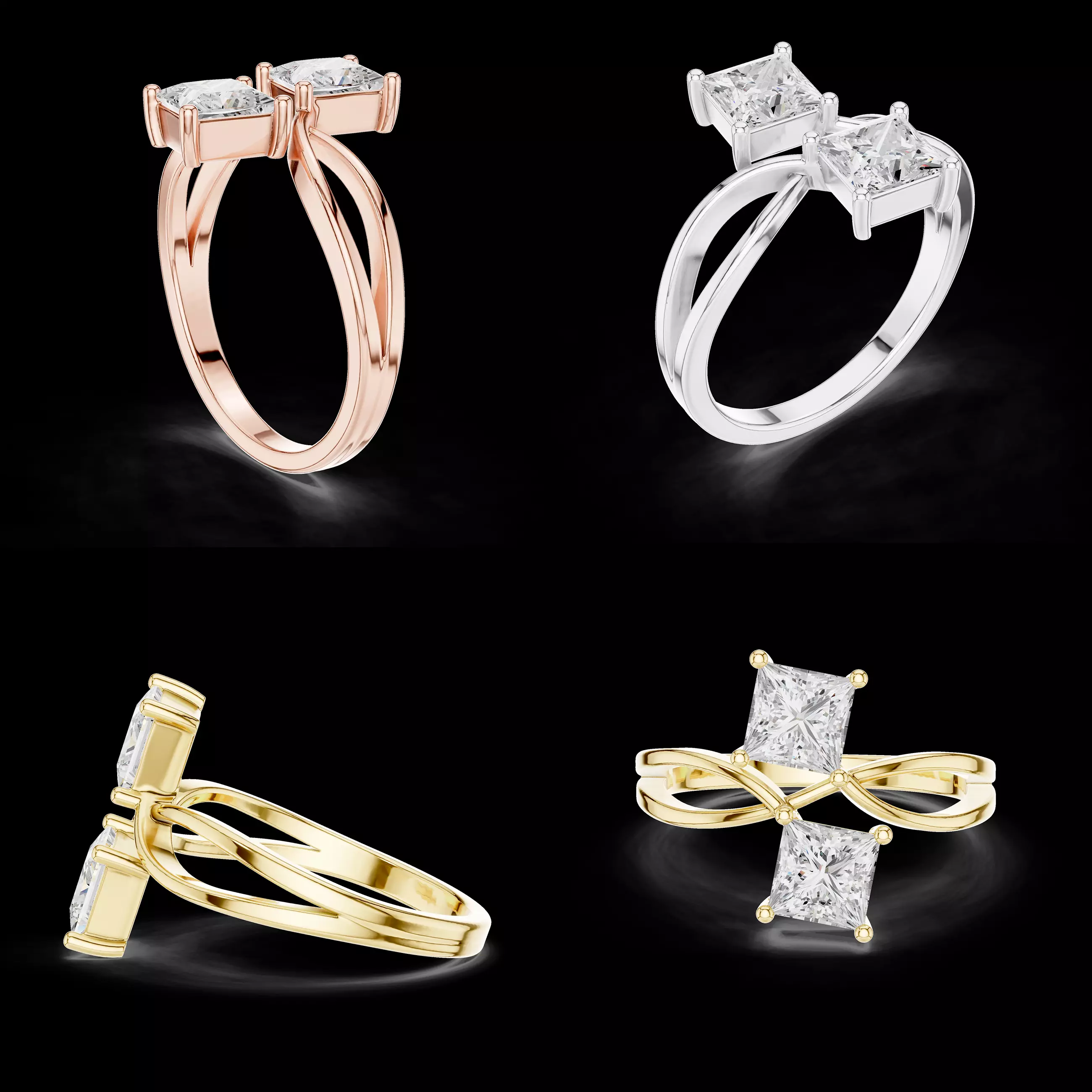 Double Princess Diamond Bypass Ring CAD Design for Jewelry 3D print model