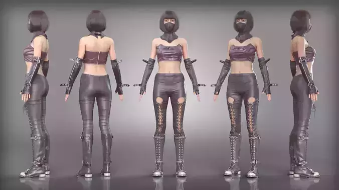 Shiny Masked Ninja Outfit Laced Leggings and Metal Boots