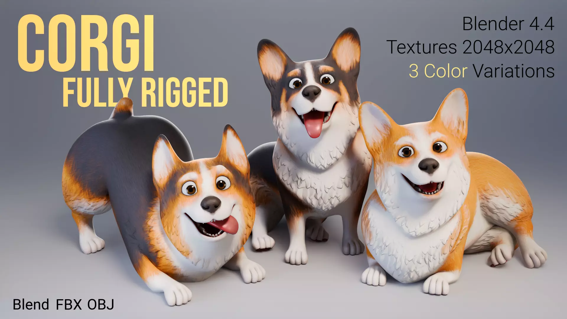 Cartoon Corgi Dogs Rigged Colection Low-poly 3D model
