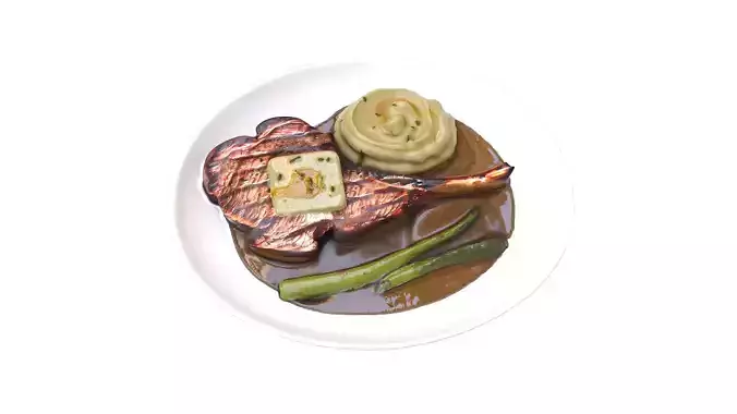 Grilled Steak With Butter and Mashed Potatoes Low-poly 3D model