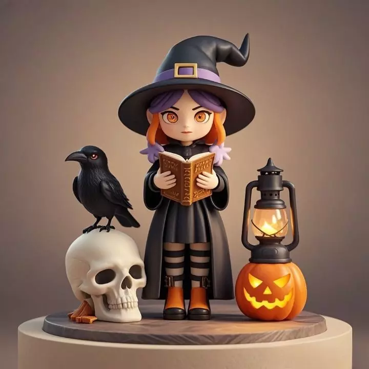 3400 Witch with Skull Raven Pumpkin Color 3D STL 3D print model
