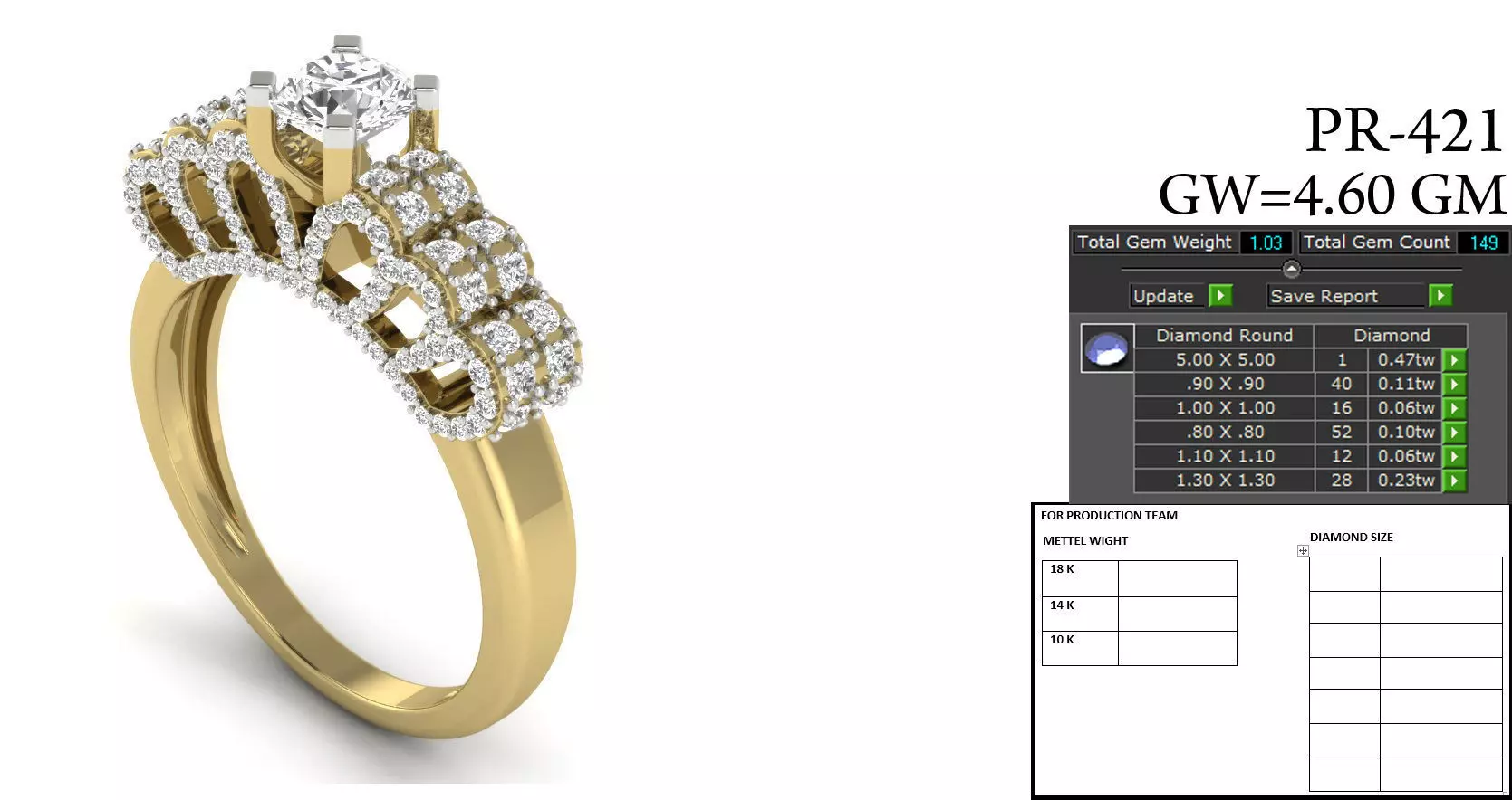 PR 421 Pave Crown Ring Rhino CAD Ready Luxury Gold Model 3D print model