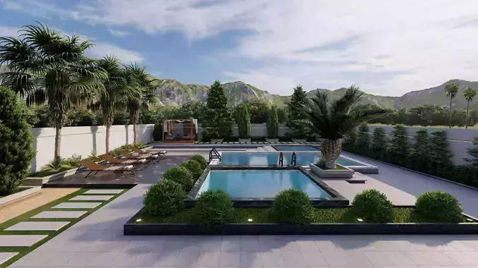 Modern Villa Backyard with Pools Jacuzzi Pergola