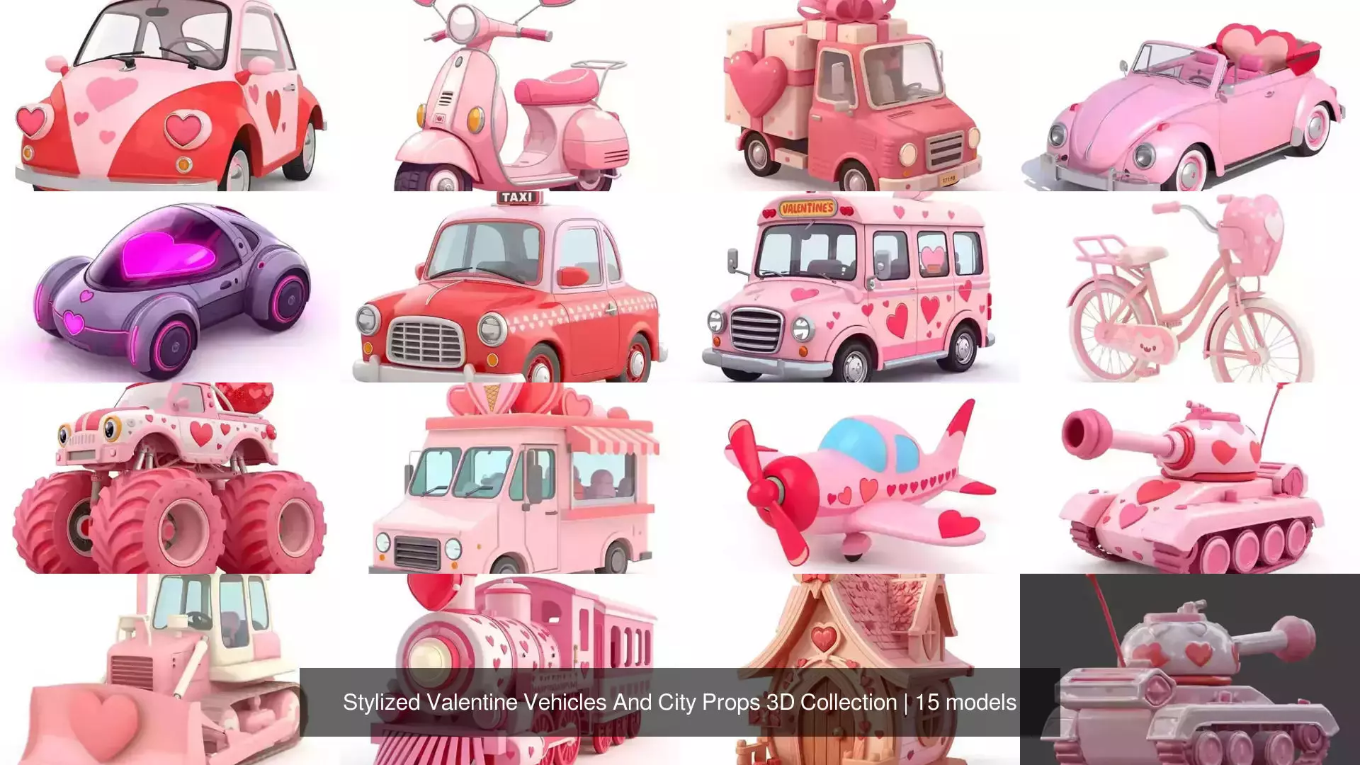 Stylized Valentine Vehicles And City Props 3D Collection 3D Model Pack