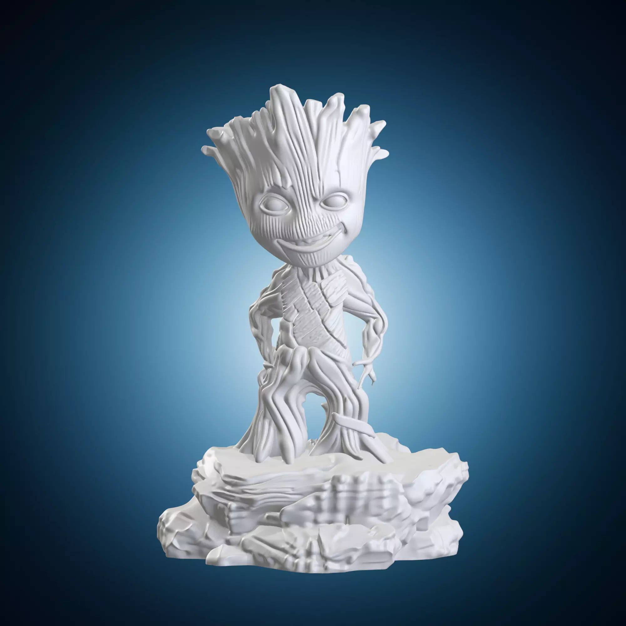 Groot Marvel Comics Chibi Style Figure On Rocky Base 3D print model