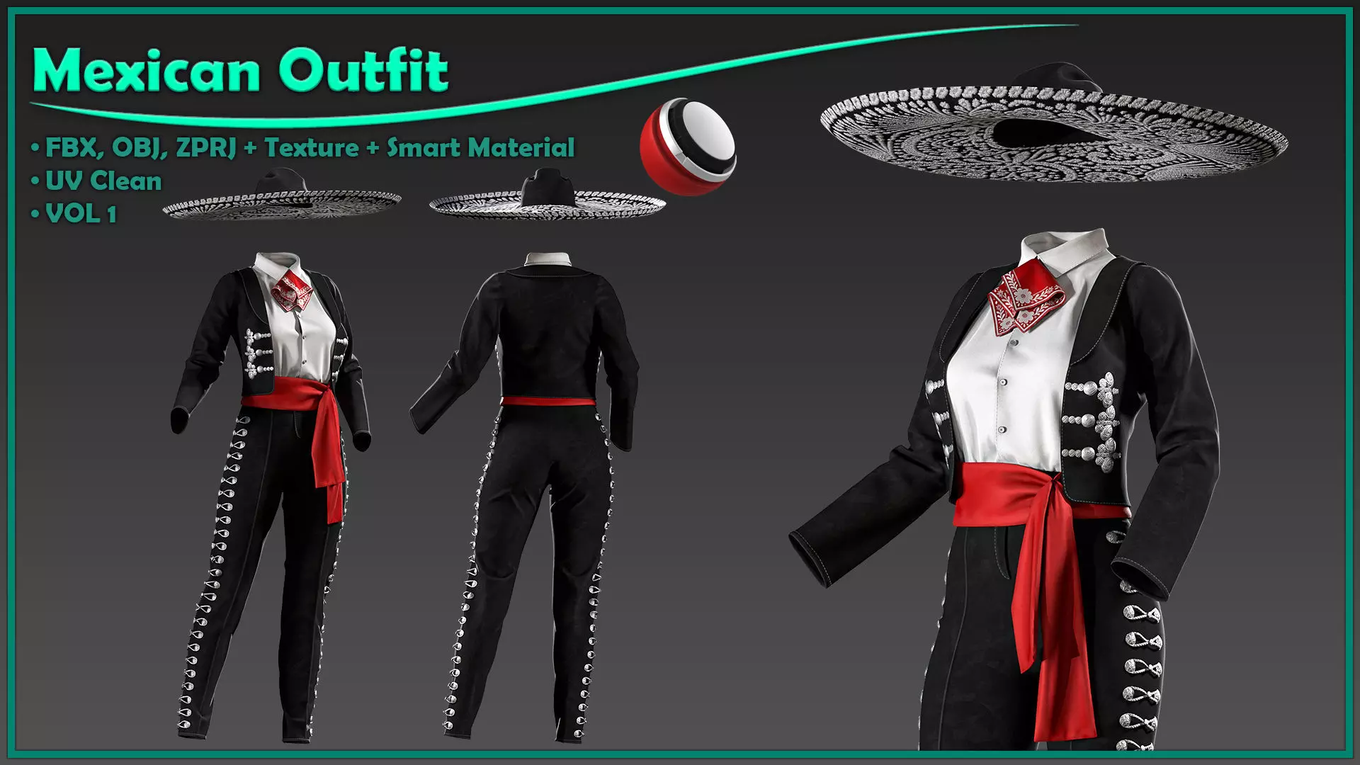 female Mexican outfit with texture and smart material 3D model