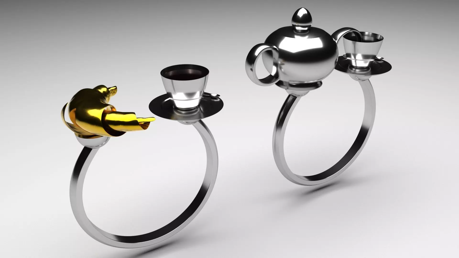 Teapot and Cup Ring with Croissant and Tea Ring 3D print model