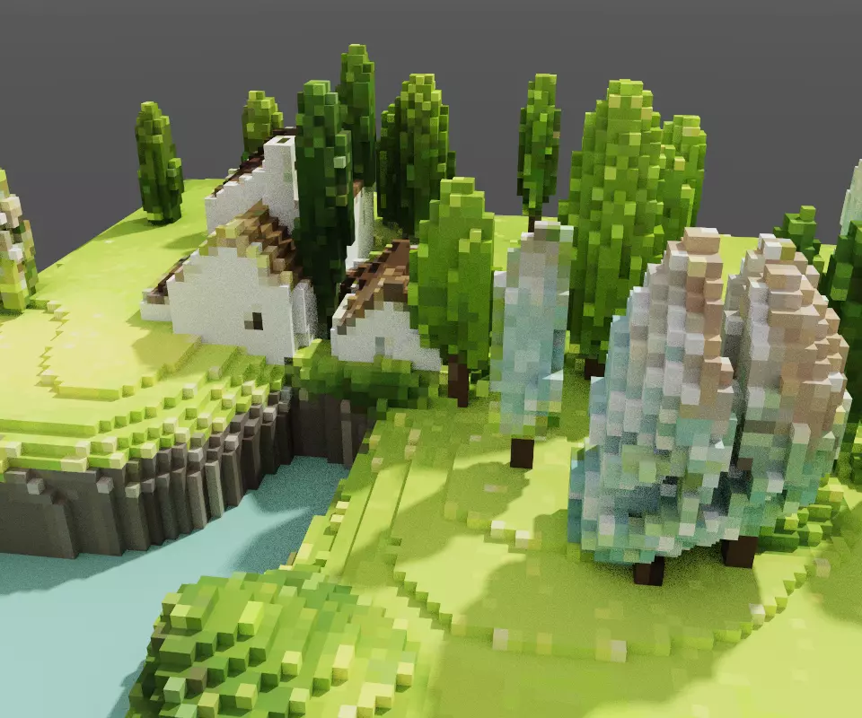 Stylized Voxel Countryside Diorama Low-poly 3D model