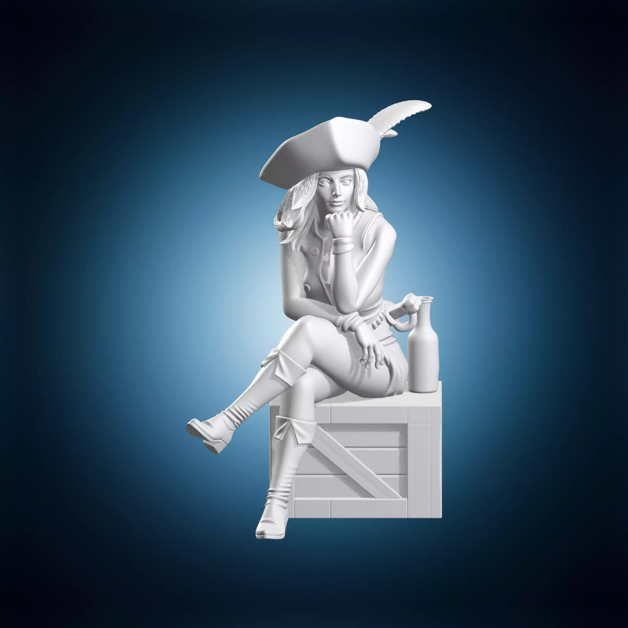 Pirate Girl Seated On Crate With Bottle 3D print model