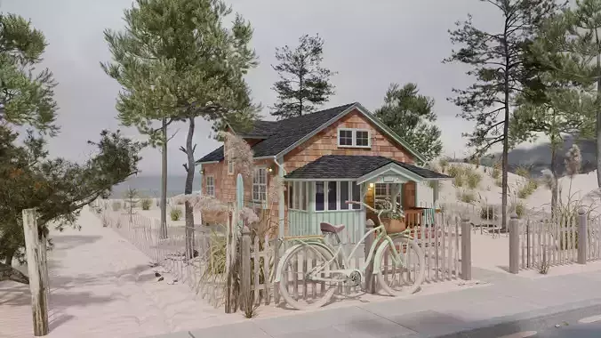 Beach House with Beach and Shore Pines 3D model