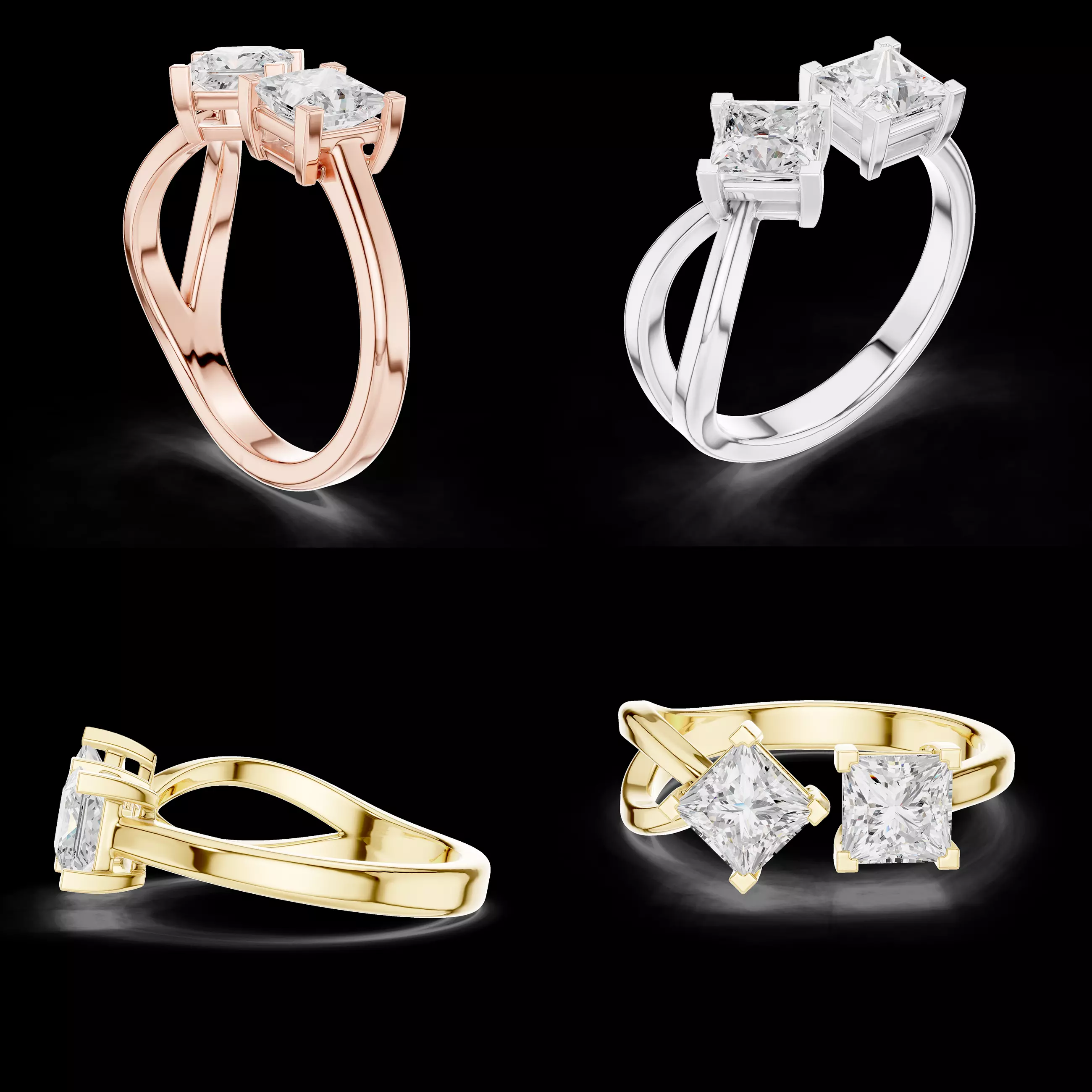 Modern Two Stone Princess Diamond Ring CAD Model Production 3D print model