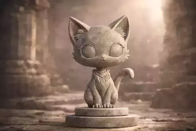 Cute Stone Cat Statue  Stylized 3D Sculpture