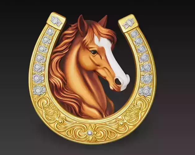 Horse Head in Ornate Golden Horseshoe - Luxury Lucky Wall Relief