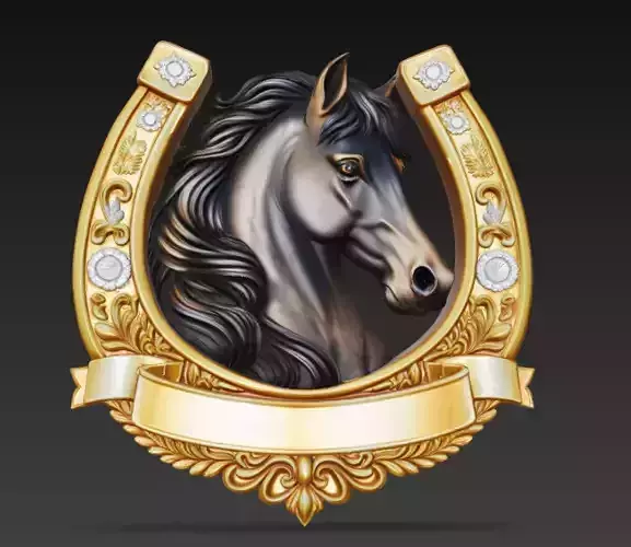 Horse Head in Golden Horseshoe Frame - Luxury Lucky Wall Relief