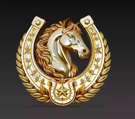 Golden Horseshoe Horse Emblem - Luxury Equestrian Wall Relief