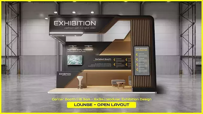 Modular 18 Sqm Corner Exhibition Booth Lounge Open Layout 