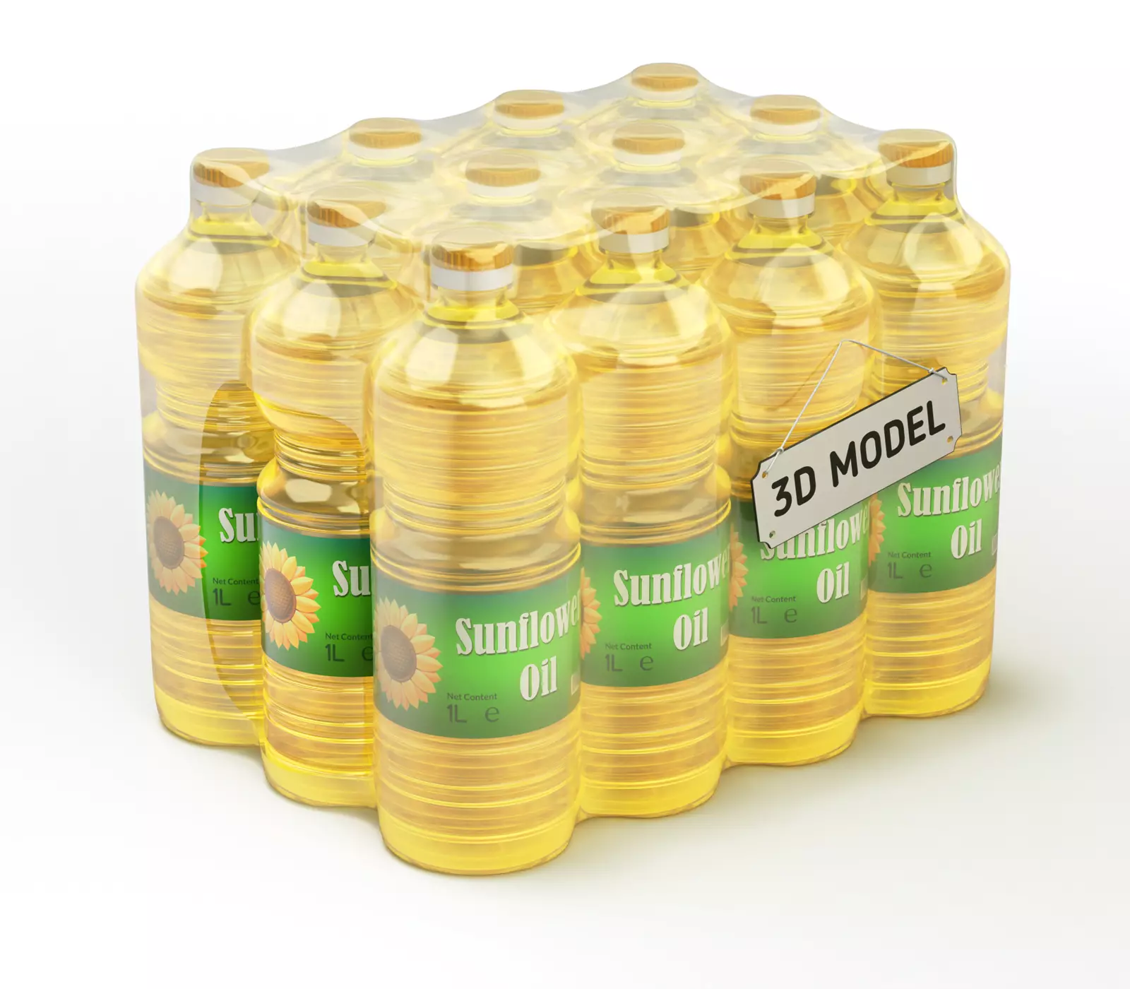 Sunflower oil bottles wrapped in the shrink film 3D model