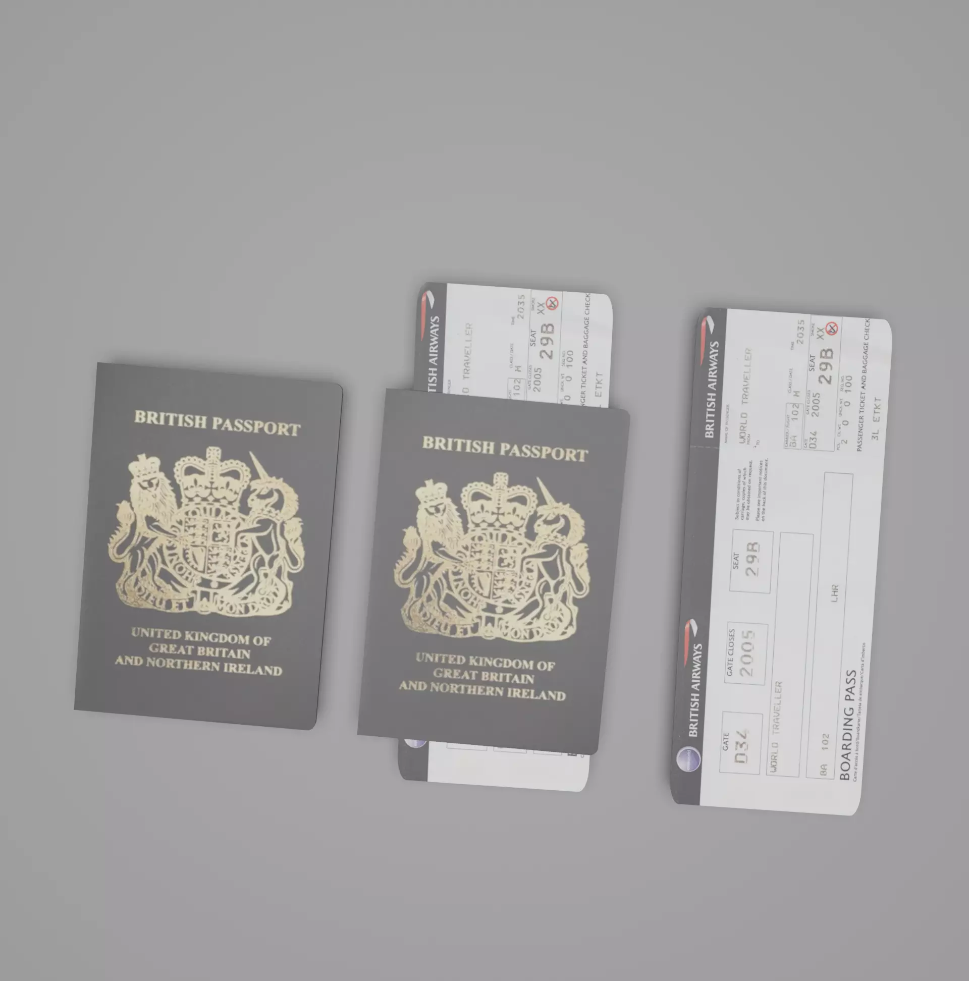 TRAVEL SET - BRITISH AIRWAYS TICKET AND PASSPORT 3D model