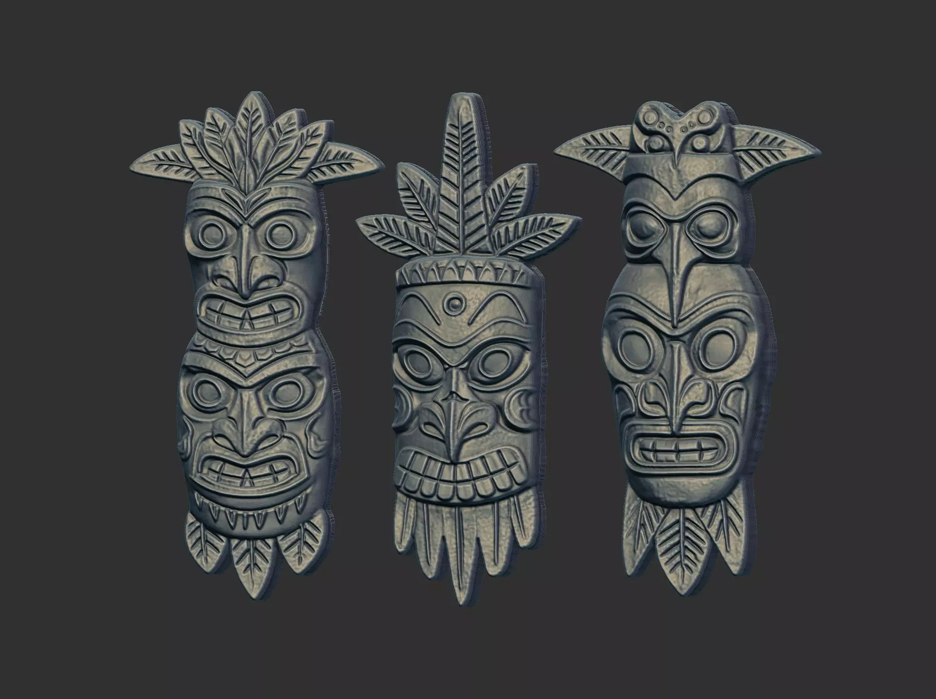 Three Polynesian Tiki Masks 3D Bas-Relief Model 3D print model