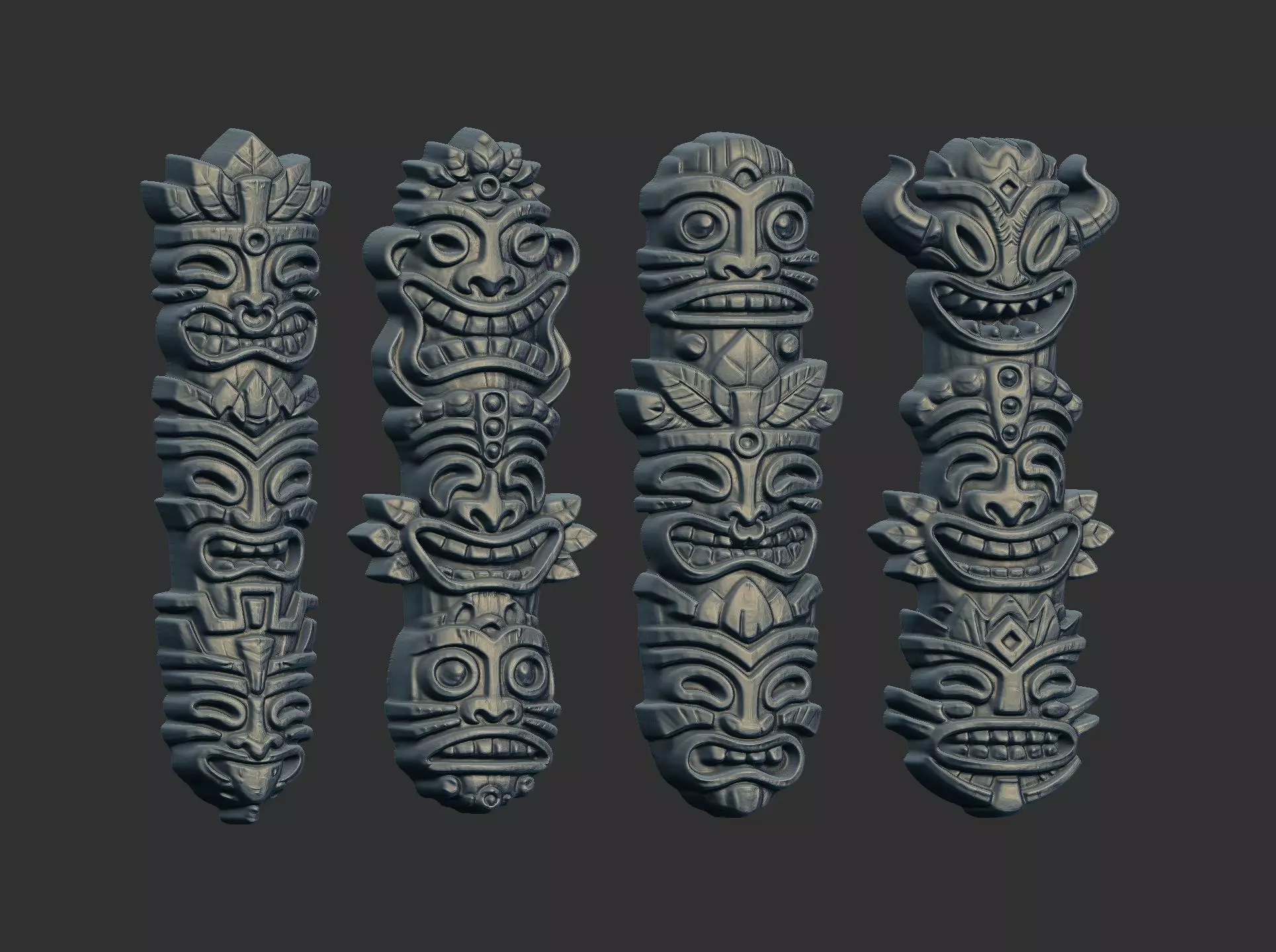 Set of 4 Stylized Tiki Totem Bas-Relief 3D Models 3D print model