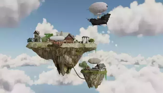Floating Island Village Ultra-Realistic 3D Environment Low-poly 3D model