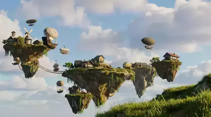 Epic Floating Islands AND Airships Cinematic Environment 3D model