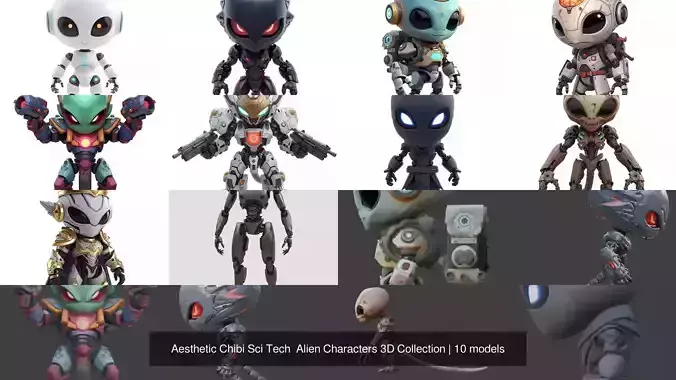 Aesthetic Chibi Sci Tech Alien Characters 3D Collection 3D Model Pack