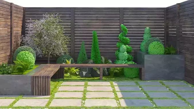 Modern Zen Garden Corner Bench ArchViz 3D Model Low-poly 3D model