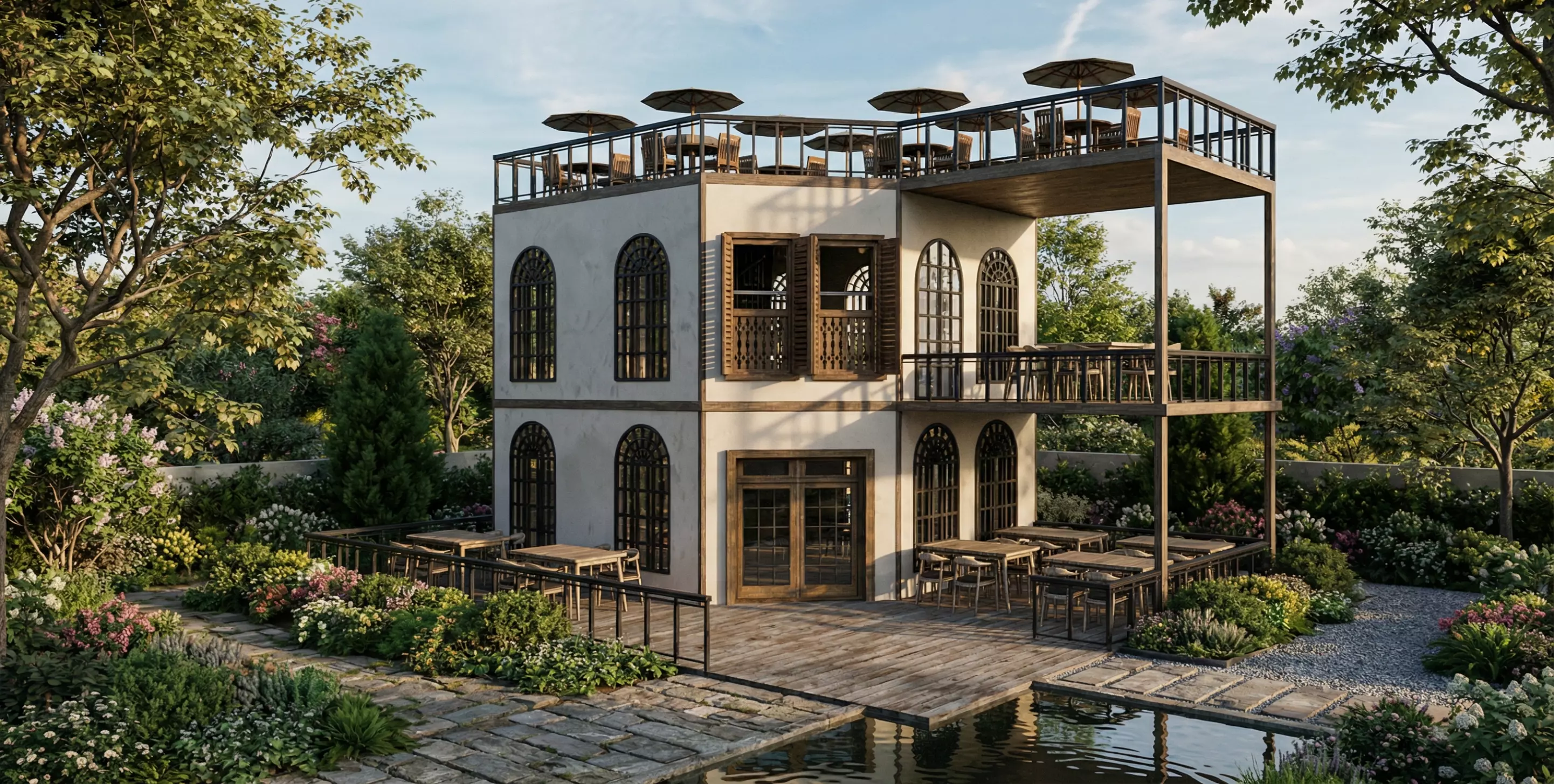 Modern Rustic Cafe and Restaurant Exterior-Interior 3D model