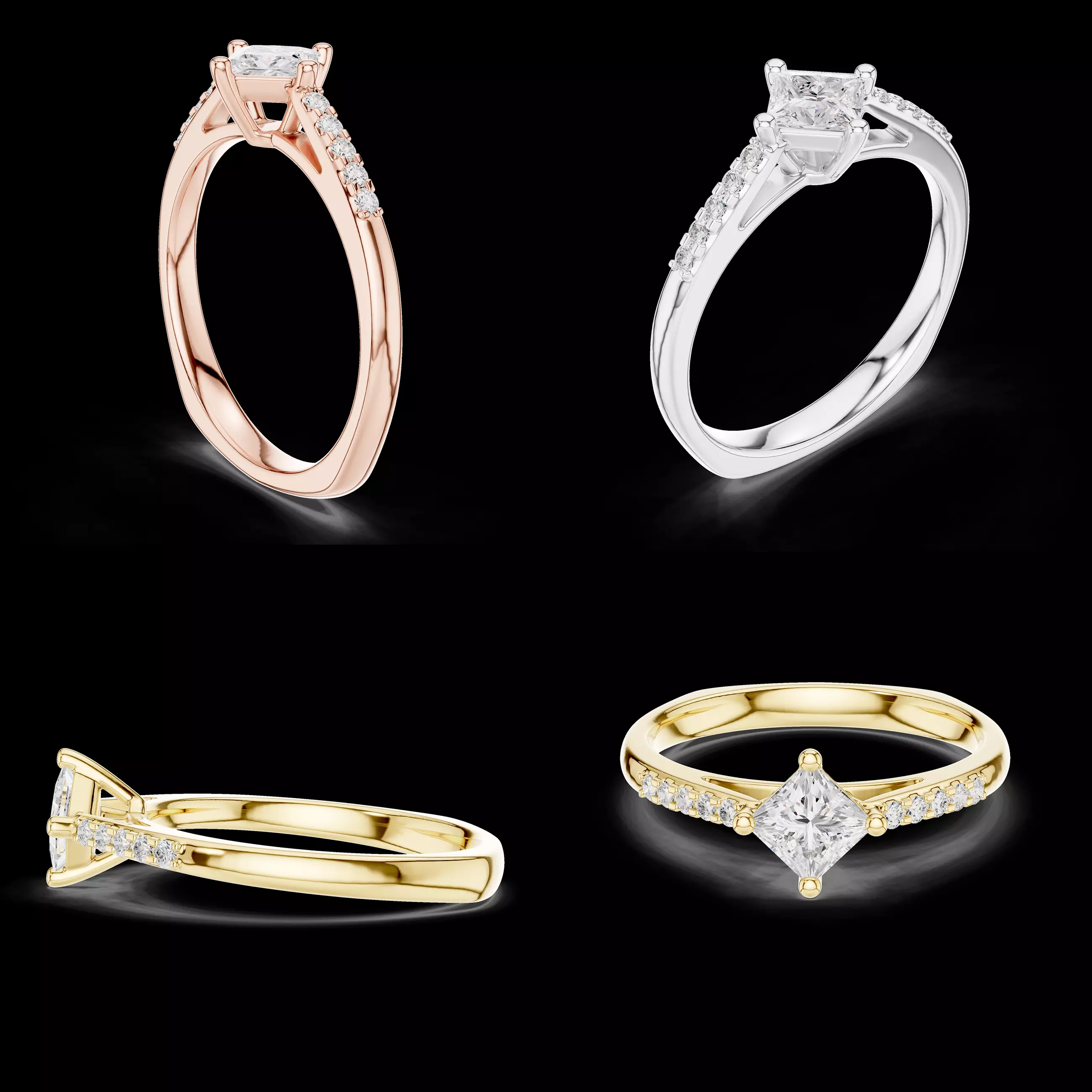 Princess Diamond Ring with Side Stones CAD Model 3D print model