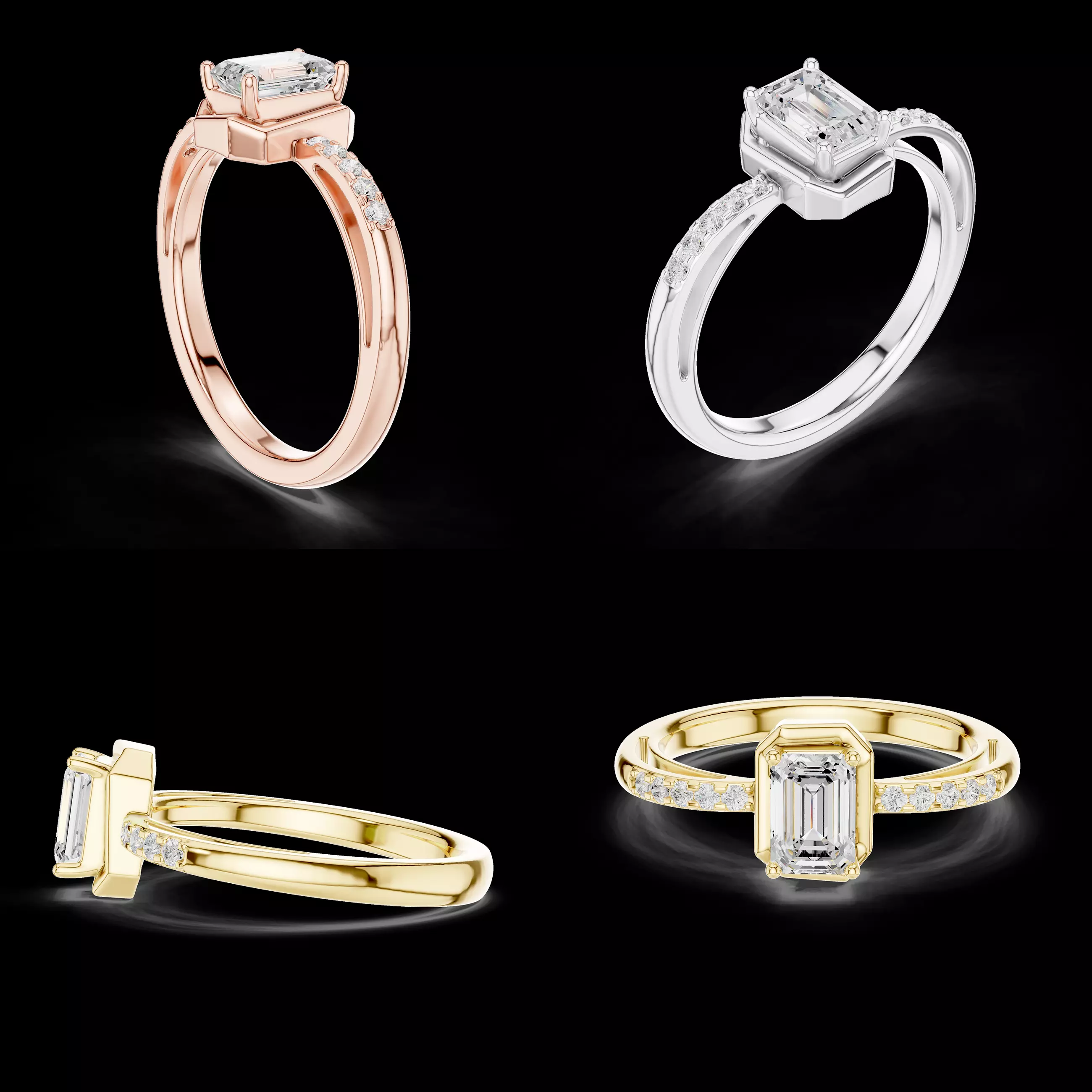 Emerald Cut Diamond Ring CAD Model with Side Gems 3D print model