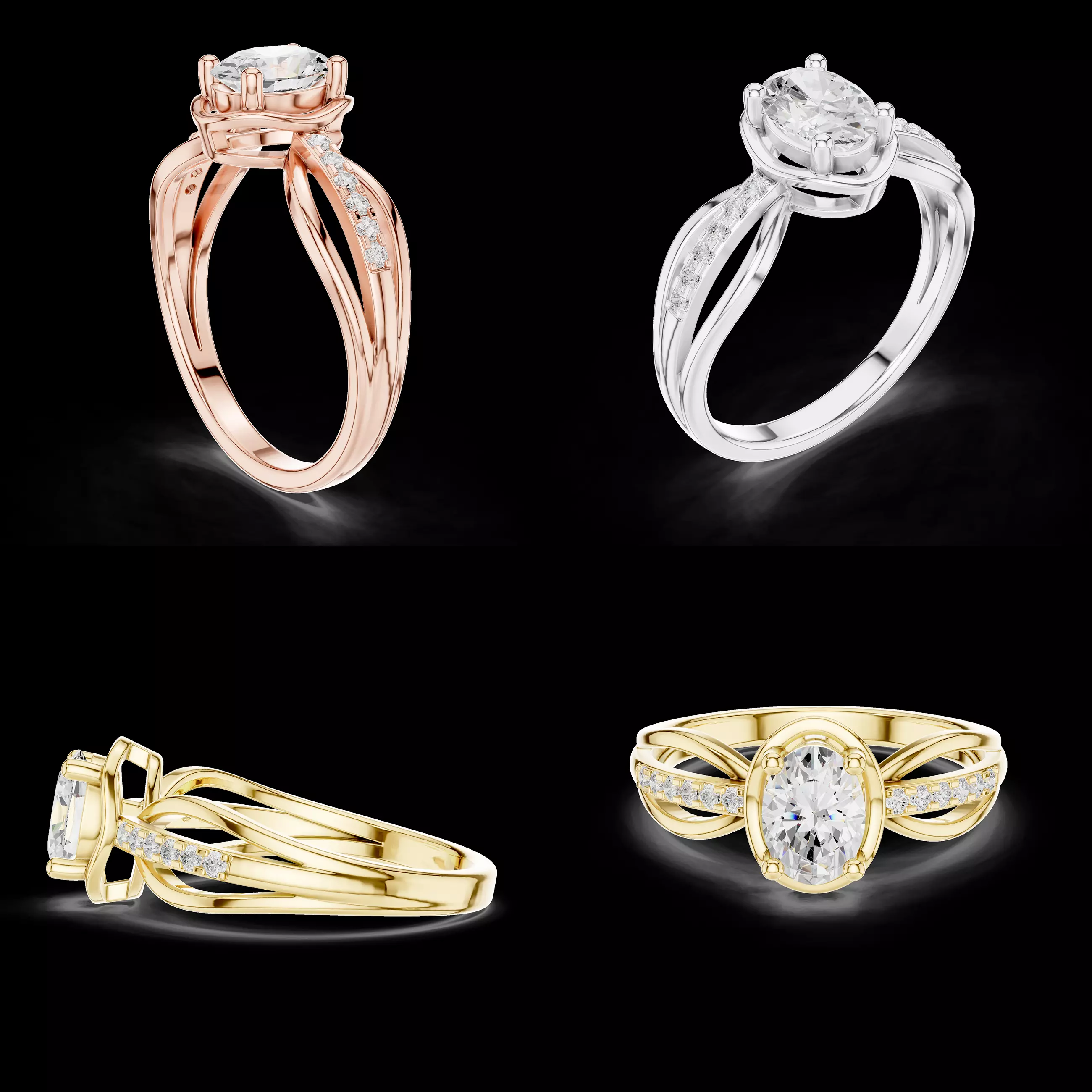 Oval Diamond Split Shank Ring CAD Model Jewelry 3D print model