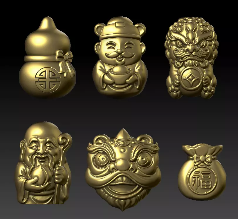 Six Auspicious Gold Charm Beads 3D Model Set 3D print model