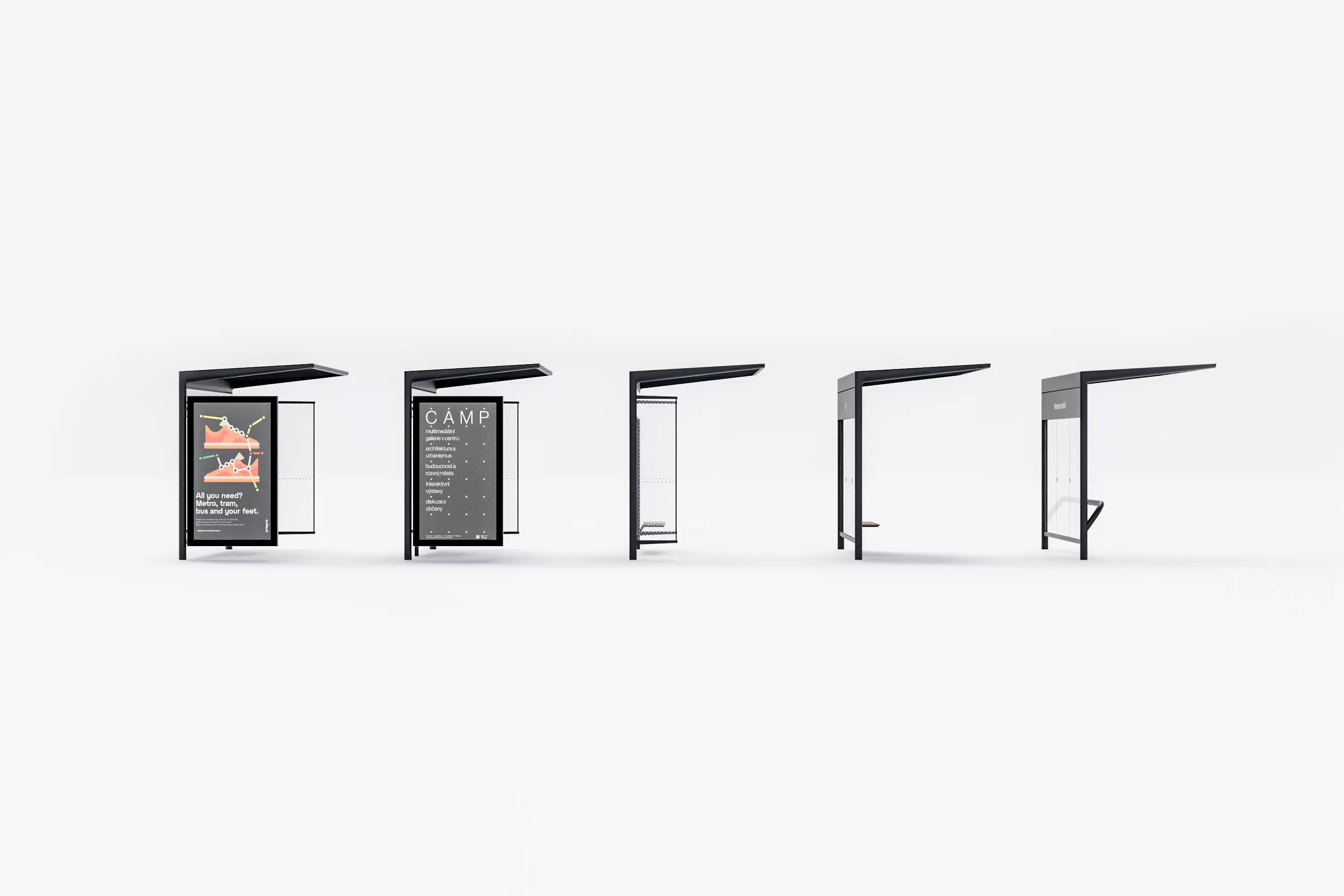 Prague tram and bus stop shelter set 3D model