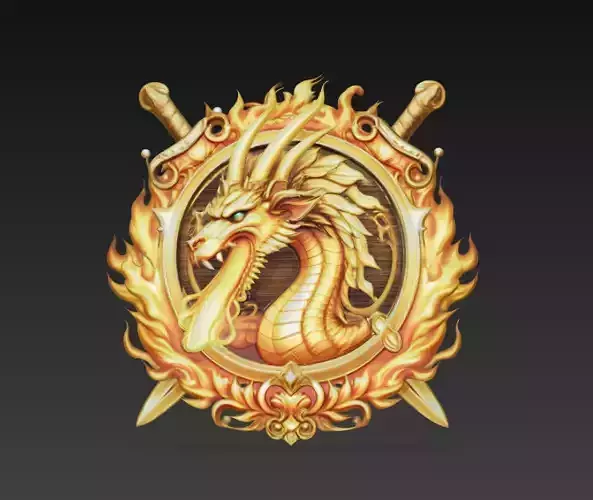 Flaming Dragon Crest with Crossed Swords  Royal Fantasy Relief