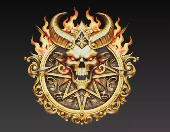 Demonic Skull Pentagram Crest Fantasy Wall Relief 3D Model