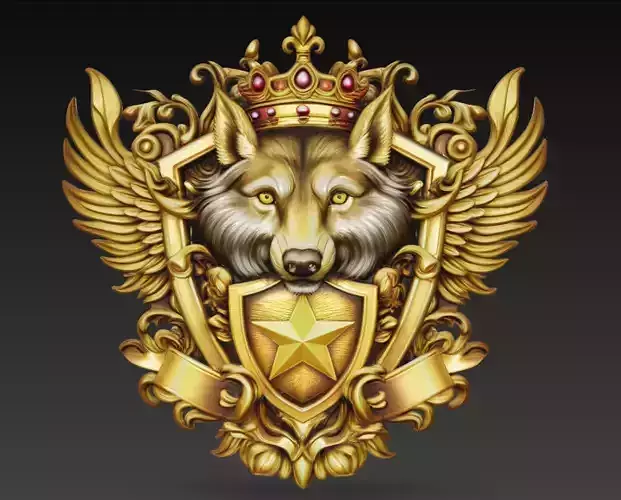 Royal Wolf Crest Winged Shield Fantasy Wall Relief 3D Model